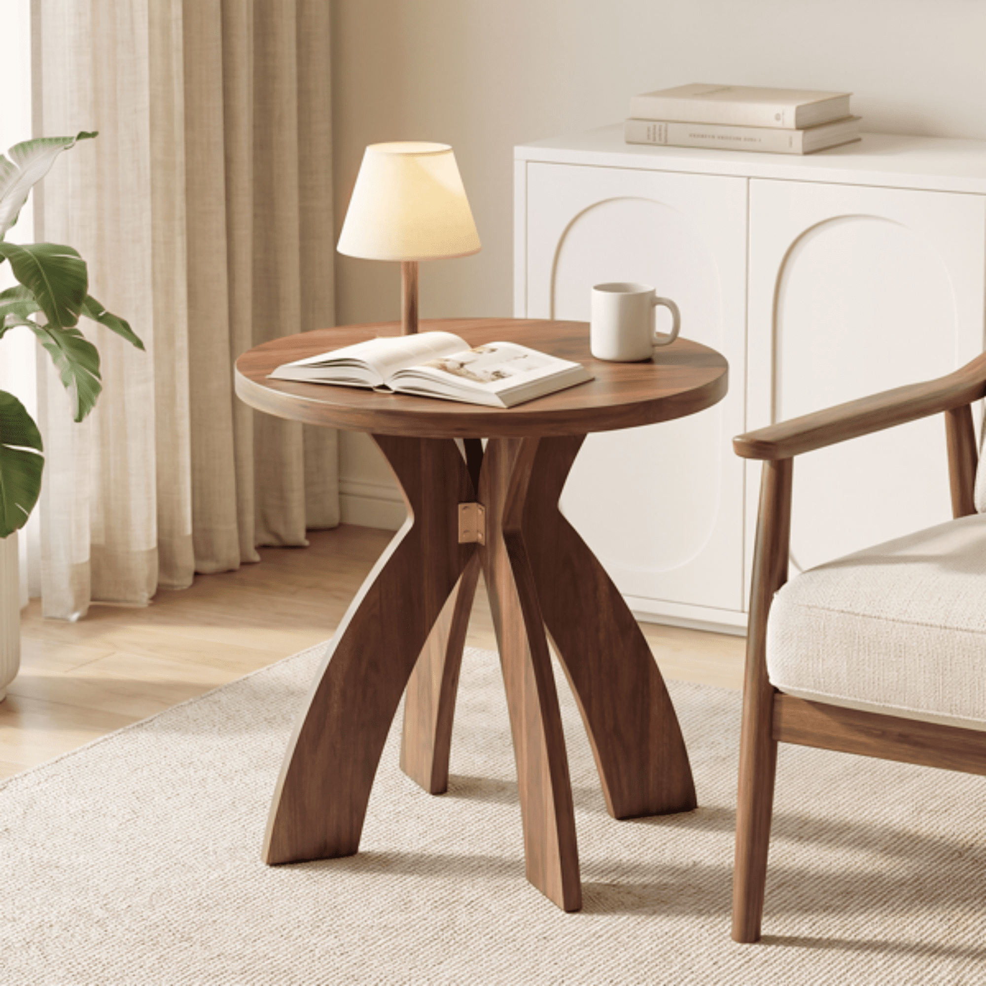 Round Side Table, 23.6 Inch Circular End Table with Curved Cross Legs, Melamine Laminated MDF Accent Table for Living Room, Bedroom, Balcony, Walnut