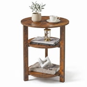 ZEXVIDA Round Side Table, 3-Tier Small Round End Table WithOpen Storage Shelves, Nightstand for Small Spaces, Living Room,Rustic Brown