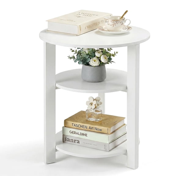 ZEXVIDA Round Side Table, 3-Tier Small Round End Table WithOpen Storage Shelves, Nightstand for Small Spaces, Living Room,White