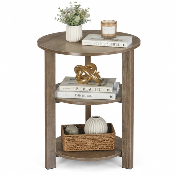 ZEXVIDA Round Side Table, 3-Tier Small Round End Table WithOpen Storage Shelves, Nightstand for Small Spaces, Living Room,oak