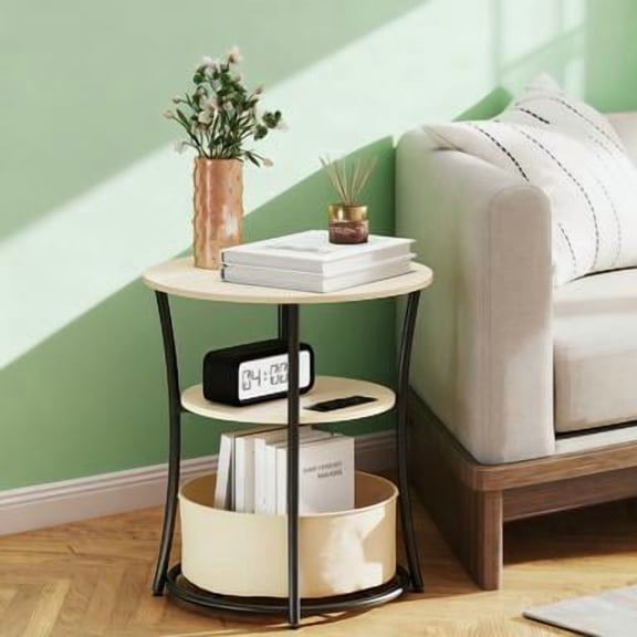 Round Side Table with Charging Station, 3-Tier End Table, Natural Wood & Black Steel, Built-in USB/USB-C/AC Outlets, Fabric Storage Bag, 19.7" Dia x 21.7" H, Modern Industrial Style for Living Room/B