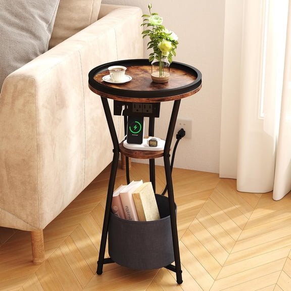 Round Side Table with Charging Station, Small Drink Table for Small Spaces, 3-Tier Industrial End Table, Accent Nightstand Bedside Table for Living Room, Bedroom, Sofa Couch, Rustic Brown