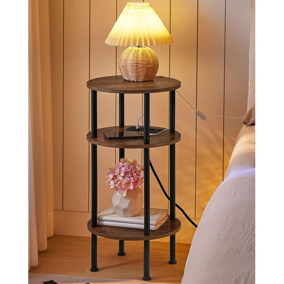 Round Side Table with Charging Station, Small Round End Table, 3-Tier Sofa Side Tables for Small Spaces, Nightstand for Living Room, Bedroom, Rustic Brown and Black