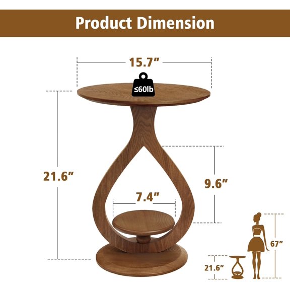 Round Side Table,  Couch Table, 2 Tier Small End Table for Small Spaces, Modern Nightstand for Living Room, Bedroom, Farmhouse, Walnut