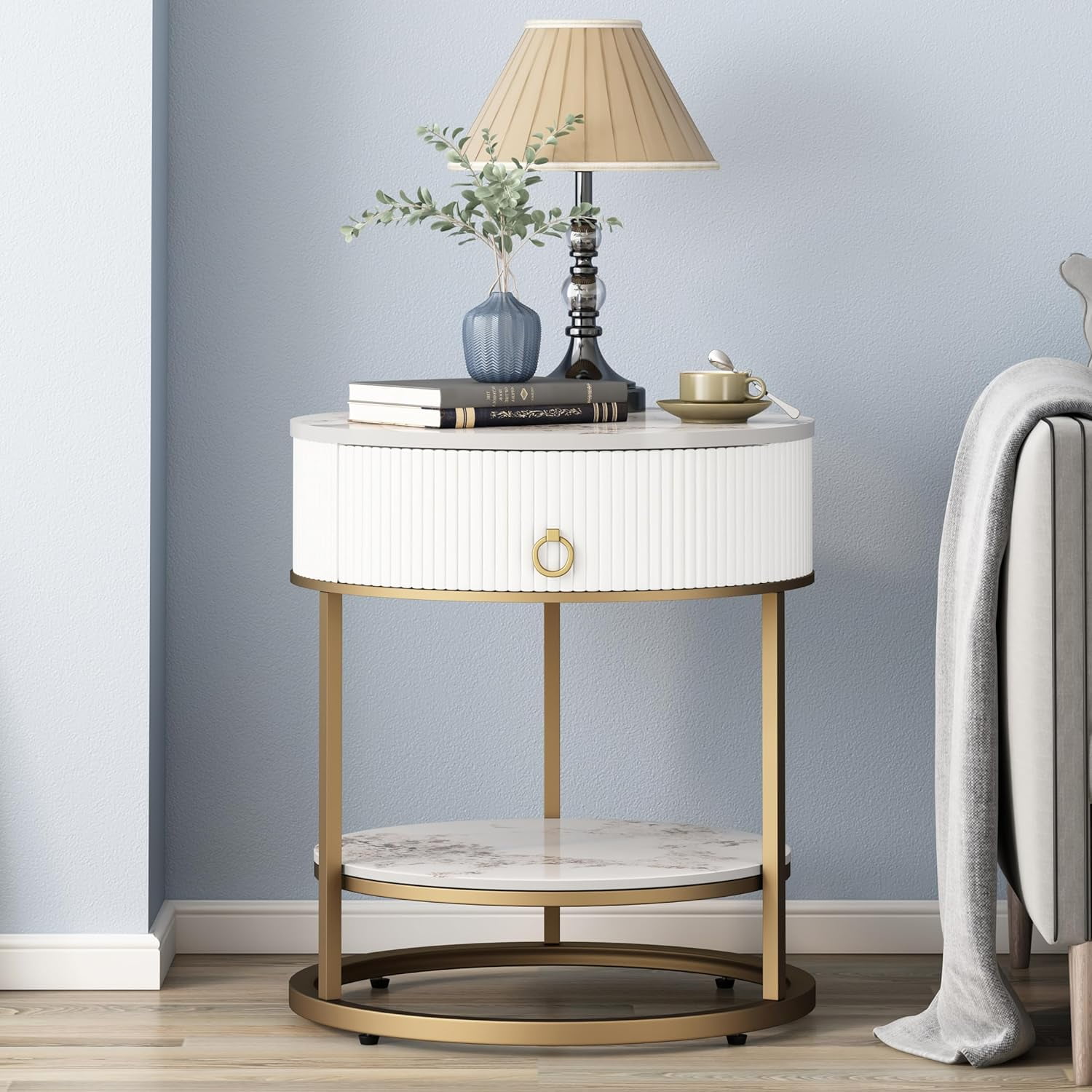 Round Side Table with Drawer, 2 Tier Night Stand with Shelf, Modern ...