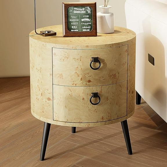 Round Side Table with Drawers Modern Night Stand with Storage Wooden Accent End Table Circle Bedside Table with Metal Legs for Living Room, Bedroom (Natural)