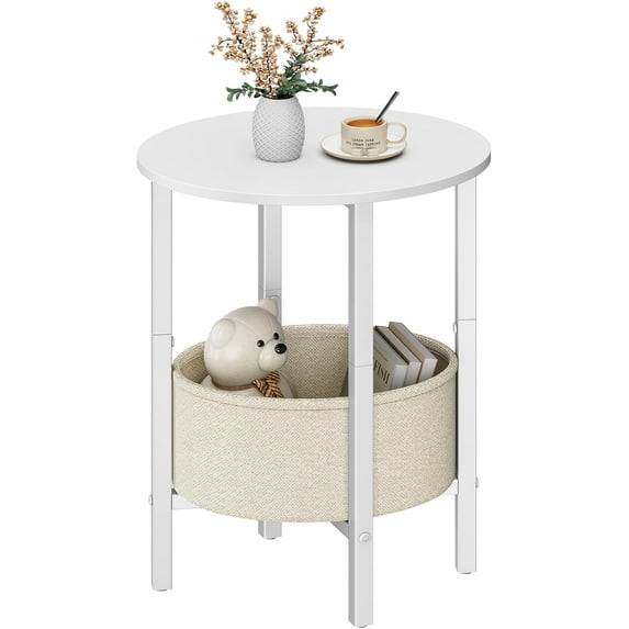 Round Side Table End Table with Storage Basket, Small Side Table Round Nightstand for Small Spaces, Tall Oval End Table with Steel Frame, Coffee Bedside Table for Living Room Bedroom, White