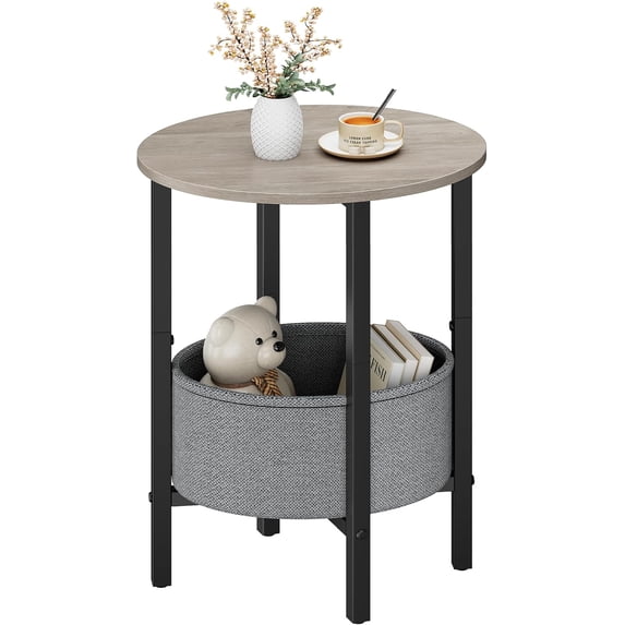 Round Side Table End Table with Storage Basket, Small Side Table Round Nightstand for Small Spaces, Tall Oval End Table with Steel Frame, Coffee Bedside Table for Living Room Bedroom, Greige
