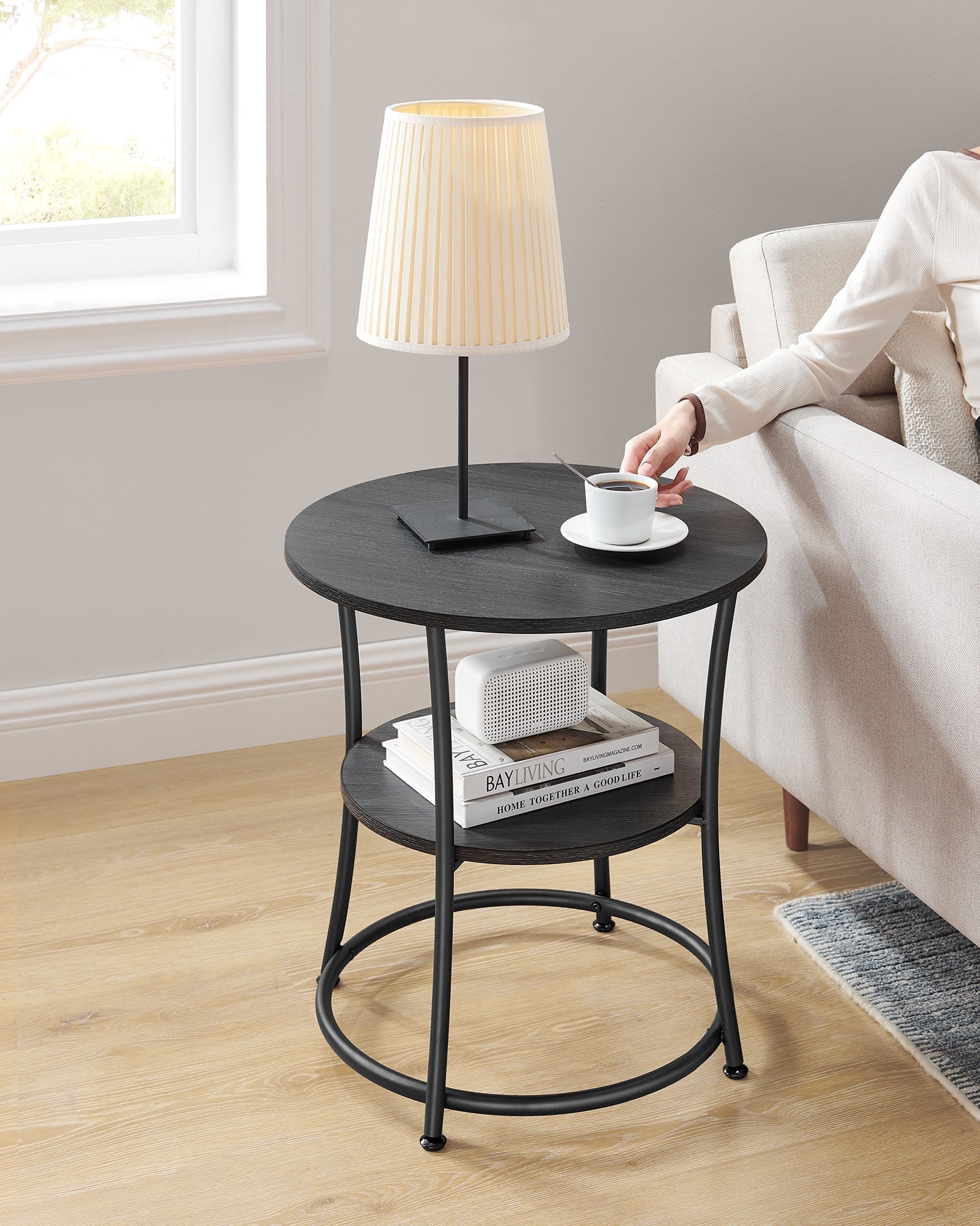 VASAGLE 21.7-Inch Round Side Table, 2-Tier End Table, Nightstand with Steel Frame, Spacious Top, for Small Spaces, Living Room, Bedroom, Charcoal Gray and Ink Black