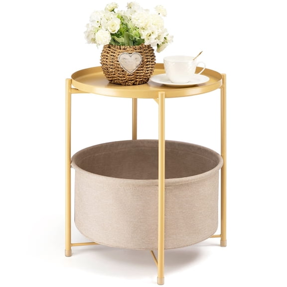 Round Side Table with Fabric Storage Basket, Metal Side Small Bedside Table Nightstand with Removable Tray Top for Living Room, Bedroom, , Bathroom, Gold