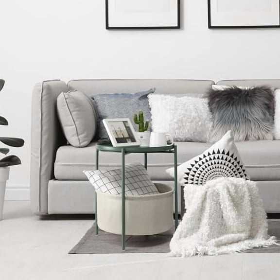 Round Side Table with Fabric Storage Basket, Metal Side Table Small Bedside Nightstand with Removable Tray for Living Room, Bedroom, Nursery, Dark Green