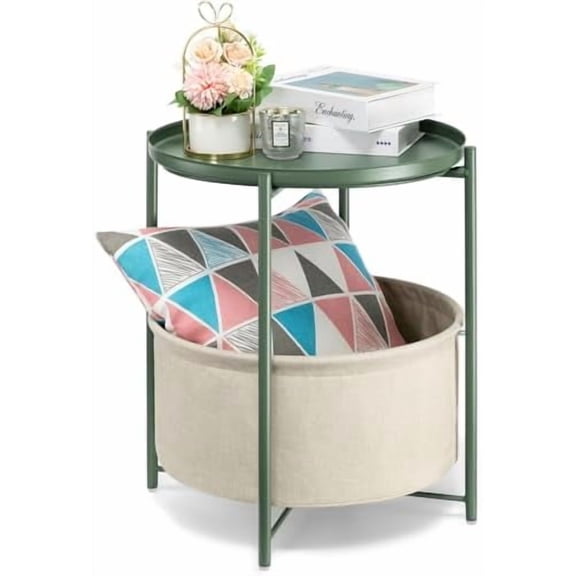 Round Side Table with Fabric Storage Basket, Metal Side Table Small Bedside Nightstand with Removable Tray for Living Room, Bedroom, Nursery, Dark Green