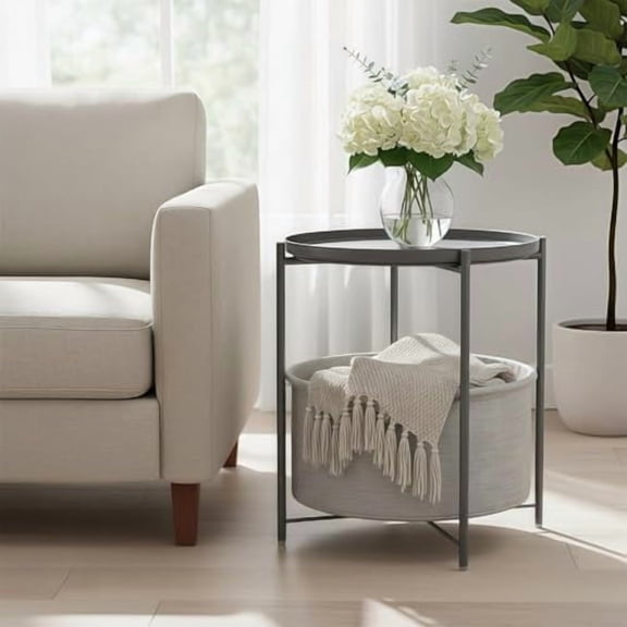 Round Side Table with Fabric Storage Basket, Metal Side Table Small Bedside Table Nightstand with Removable Tray Top for Living Room, Bedroom, Nursery, Laundry, Gray