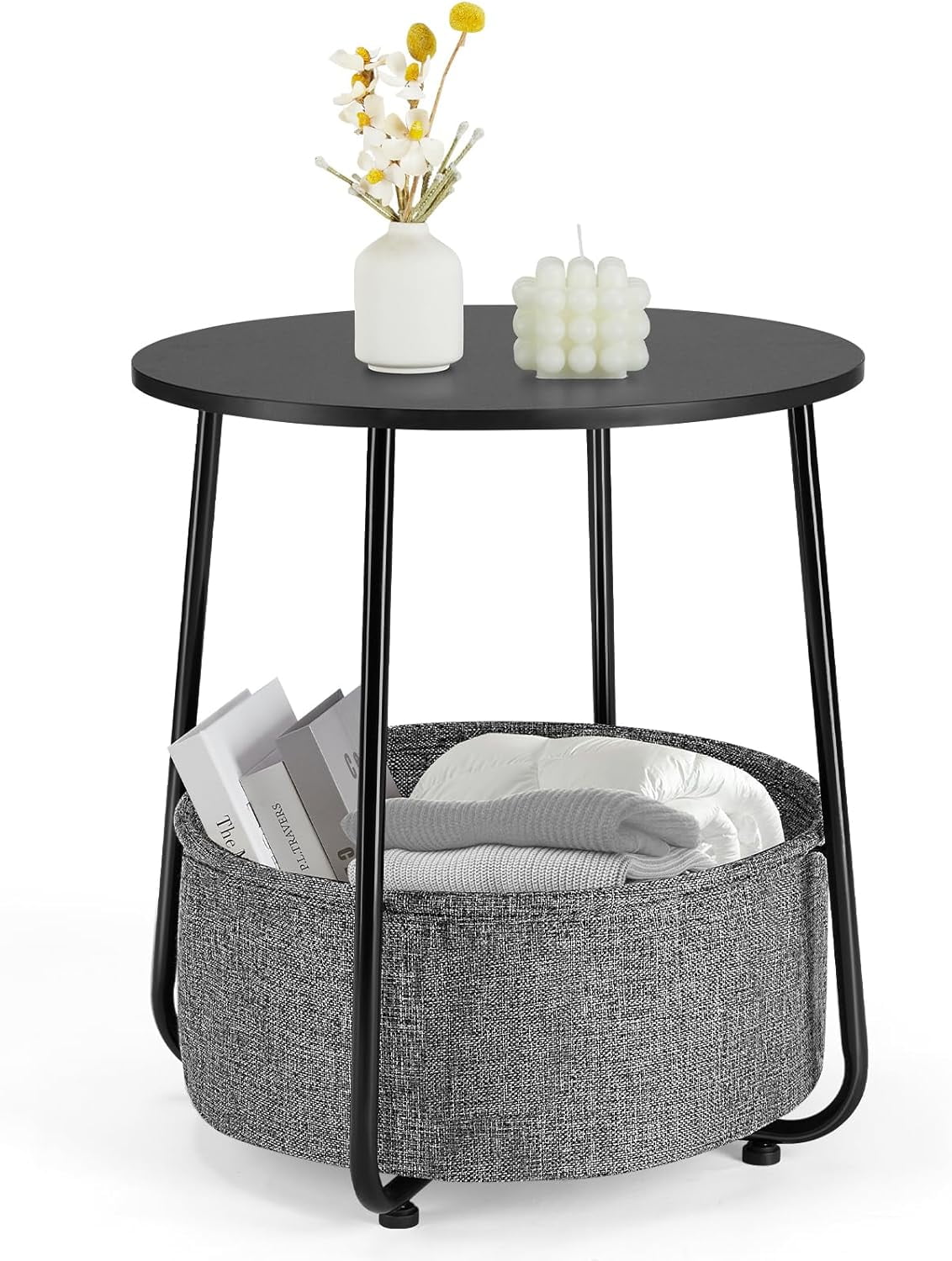 Round Side Table with Fabric Storage Basket, Sofa Table with Metal ...