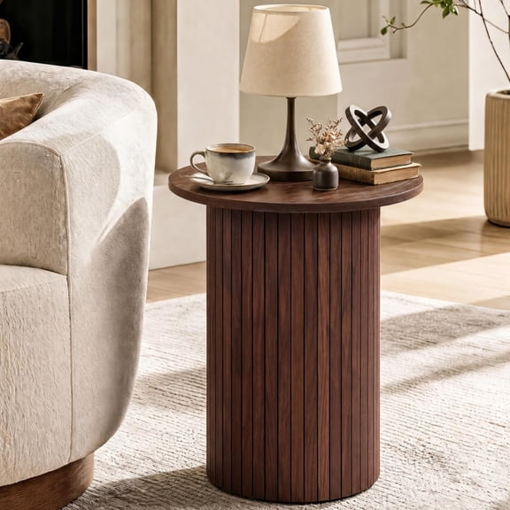 Round Side Table, Fluted Mid Century Modern Drum End Table, Natural