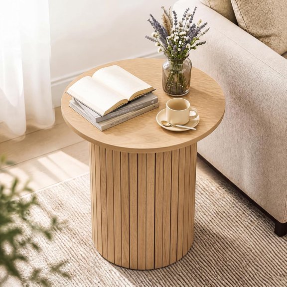 Round Side Table, Fluted Mid Century Modern Drum End Table