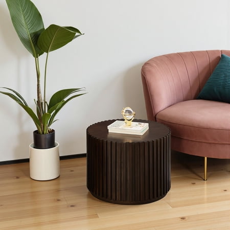 Round Side Table,Gexpusm Solid Wood,Circle Drum,with Handcrafted Relief,20"L x 20"W x 14"H,Chocolate