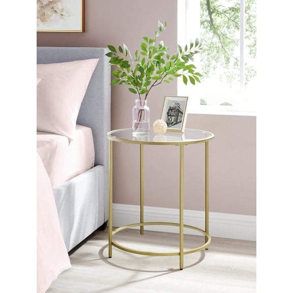 Round Side Table, Glass End Table With Metal Frame, Gold Coffee Table With Modern Style For Living Room, Balcony, Bedroom