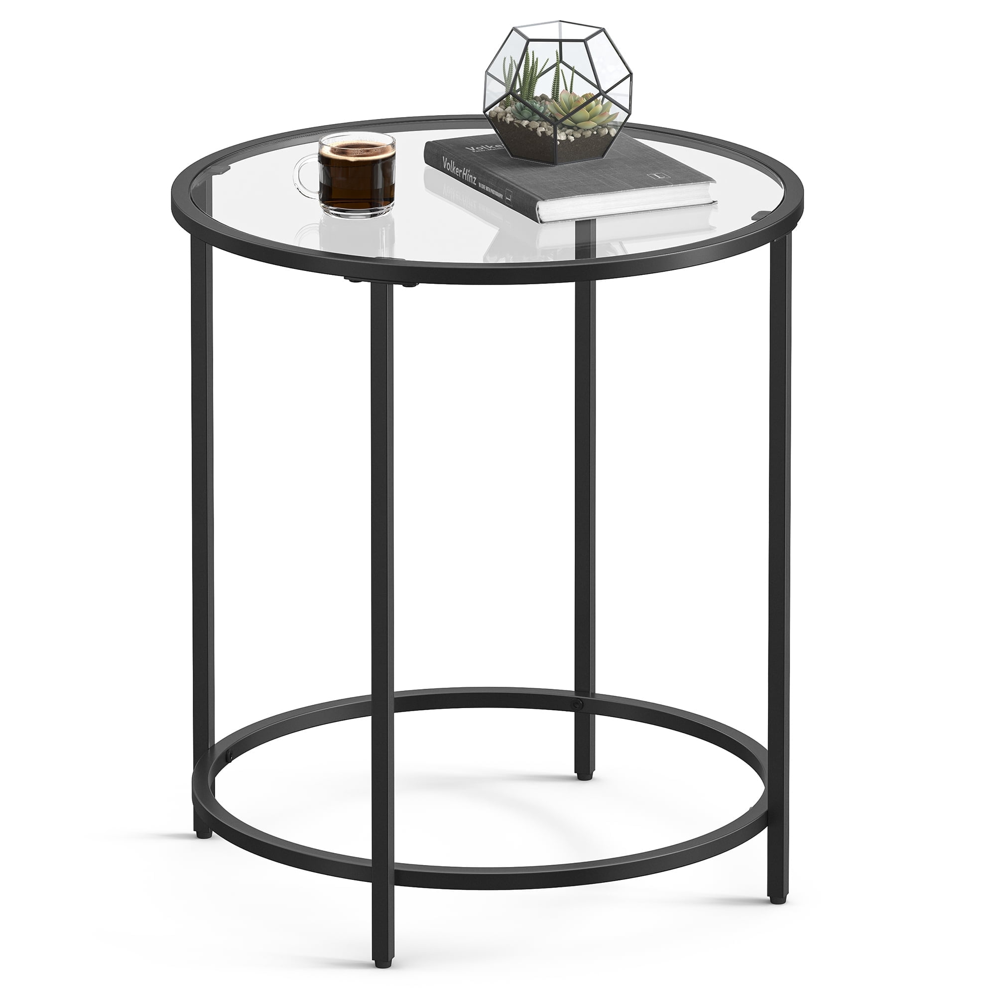 VASAGLE Round Side Table Glass End Table with Metal Frame Black Coffee Table with Modern Style for Living Room, Balcony, Bedroom, Black