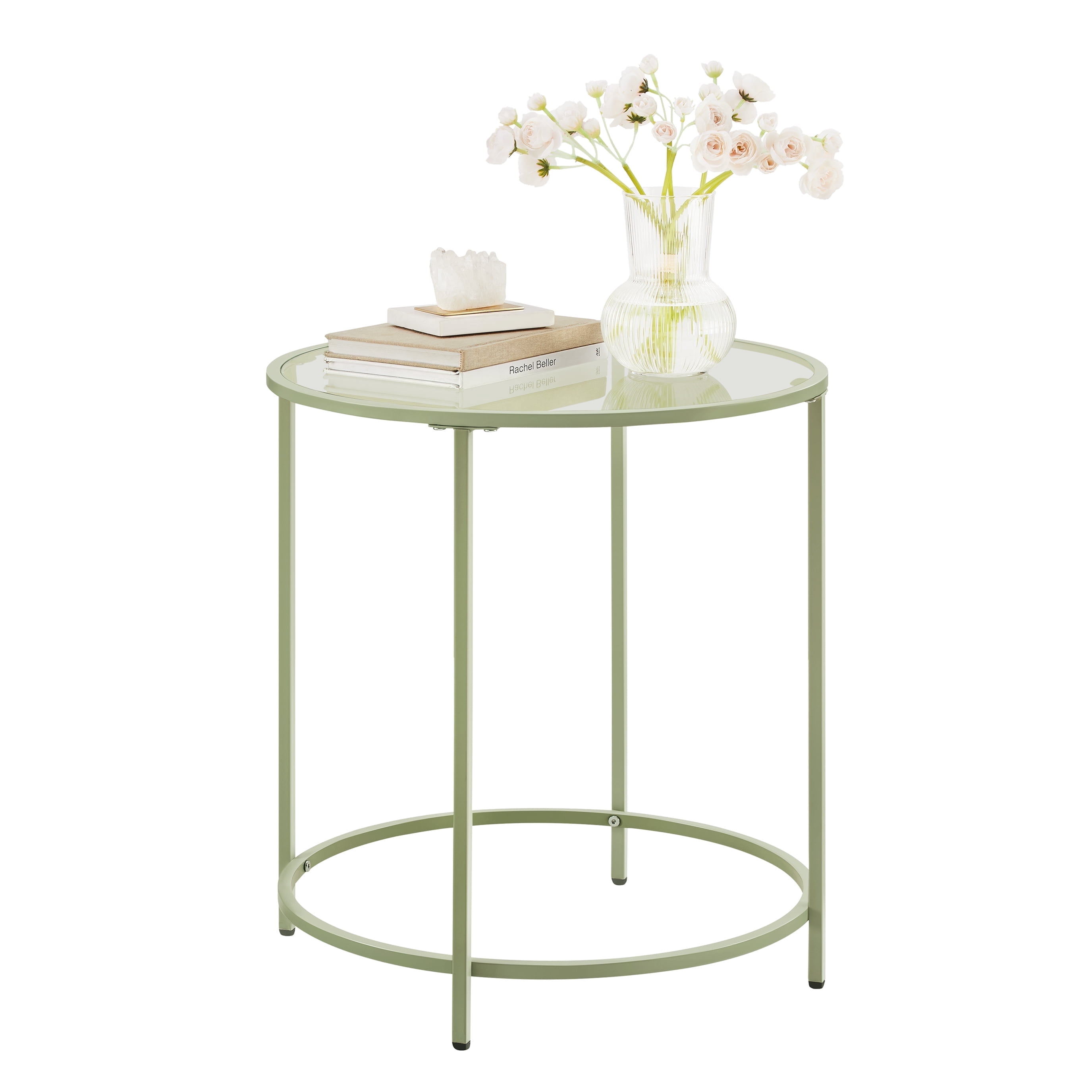 Round Side Table Glass End Table with Metal Frame Laurel Green Coffee ...