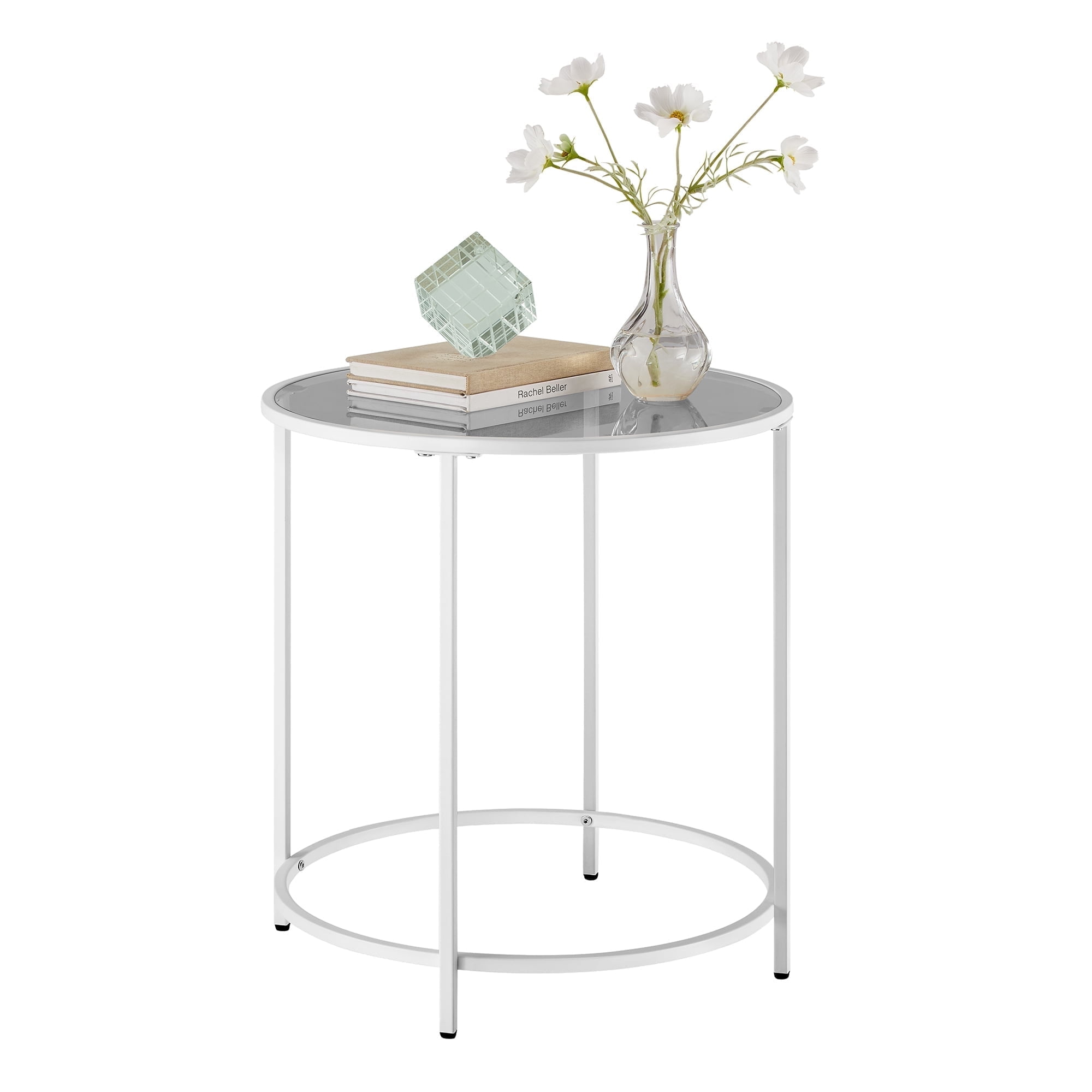 Round Side Table Glass End Table with Metal Frame Pearl White Coffee Table with Modern Style for Living Room, Balcony Pearl White