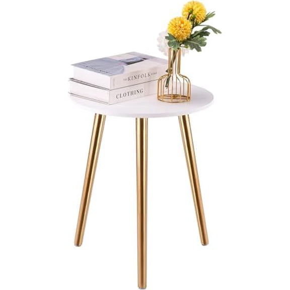 Round Side Table, Gold Nightstand End Table for Living Room, Bedroom Home Decor Bedside Table with Gold Wood Legs 16.5 Inches