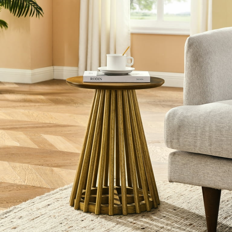 Round Side Table Modern Accent End Table with Solid Wood Top and High Conical Base Small Coffee Table for Home Bedroom and Living Room Brown