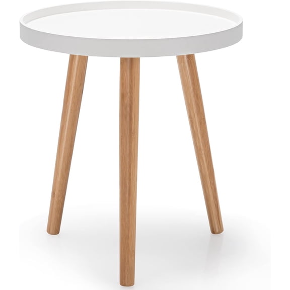 Round Side Table, Modern End Table with Anti-Drop Wooden Tray, Three-Legged Accent Table Sofa Side, Round Coffee Table for Living Room, Bedroom, White (1)