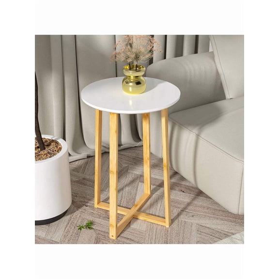 Round Side Table,Modern Small Coffee Table With Bamboo Legs For Living Room Bedroom Balcony Office