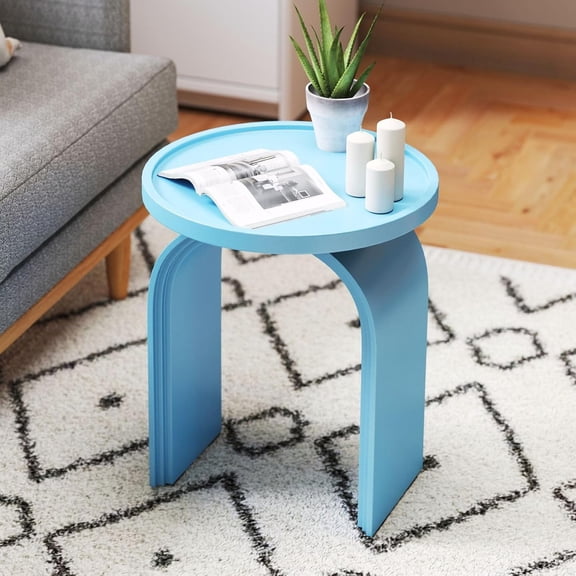 Round Side Table, Modern Wood End Table with Sturdy Base, Small Blue Drink Table for Living Room, Bedroom and Small Spaces