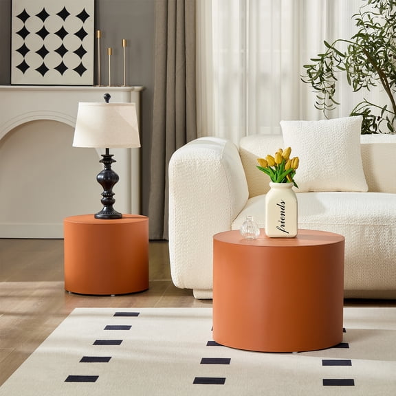 Round Side Table, Orange Saddle Leather Upholstered MDF End Table for Living Room and Home Office, Modern Compact Accent Table for Lamps and Decor, Easy to Clean Surface, Vibrant Hue