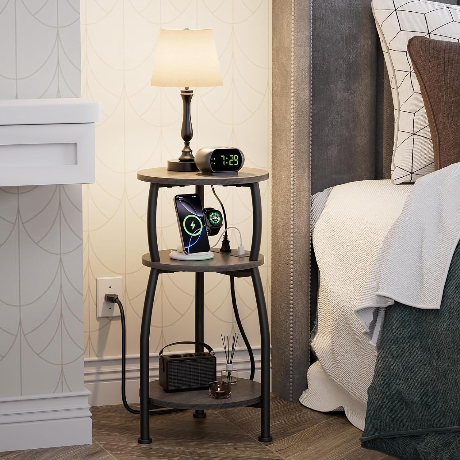 Round Side Table with Power Outlet & USB Ports, 3-Tier End Table with ...
