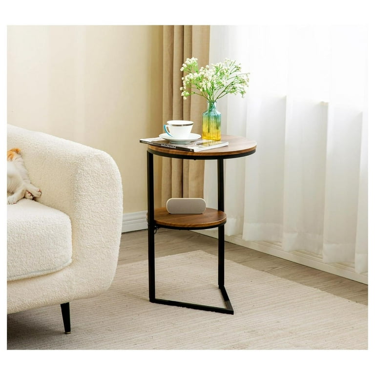 Round Side Table with Rotatable Shelf and C Shaped Modern End Table Living Room Furniture Wood Nightstand Round Bedside Table Unique Accent Tables Bedroom Furniture Farmhouse Small Couch End Table Wal...