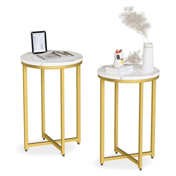 Round Side Table Set of 2, Faux Marble White End Table, Modern Corner Table w/X-Based Metal Frame, Small Side Table Living Room Bedroom Bedside Tables Nightstand, 15.75D x 24.41H, White+gold