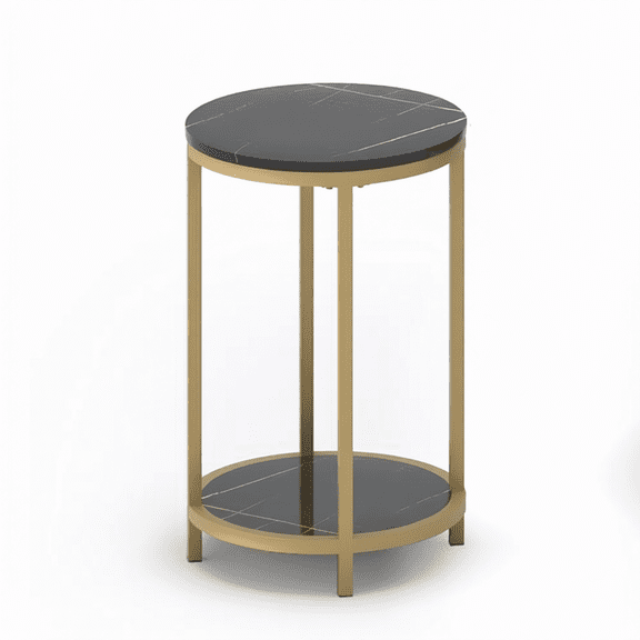 Round Side Table Set of 2, Modern Nightstand End Table with Gold Metal Frame & Faux Marble Top, Accent Bedside Table for Living Room Bedroom Small Spaces with Storage Open Shelf, Black
