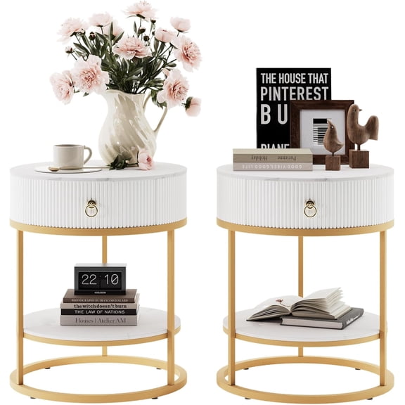 Round Side Table Set of 2, Modern Tall Nightstand with Faux Marble Tabletop, 2-Tier Small Round End Table, Wood Bedside Table for Living Room, Bedroom, Dorm, Small Spaces, White and Gold