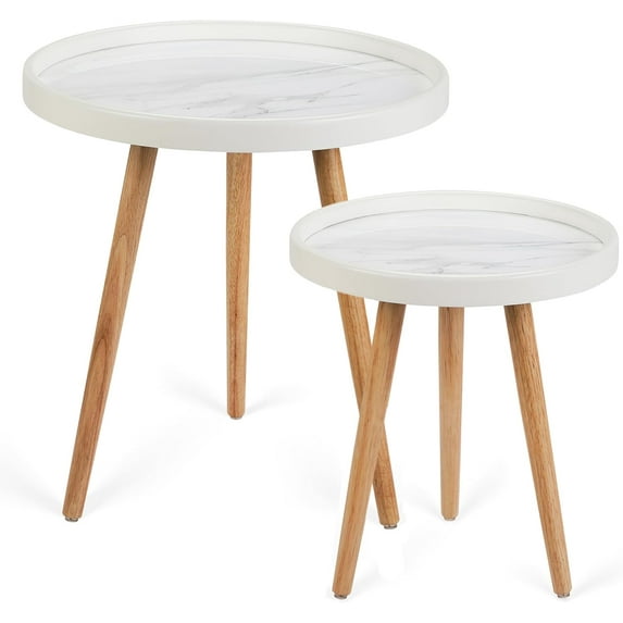 Round Side Table Set of 2,White Marble Pattern Tray Shaped Small End Table,Circle Nightstand for Living Room, Bedroom and Any Small Space,Easy Assemble and Clean