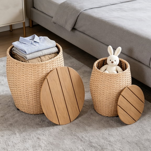 Round Side Table Set of 2, Rattan End Table with Storage, Multifunctional Nesting Barrel Side Table for Living Room, Bedroom