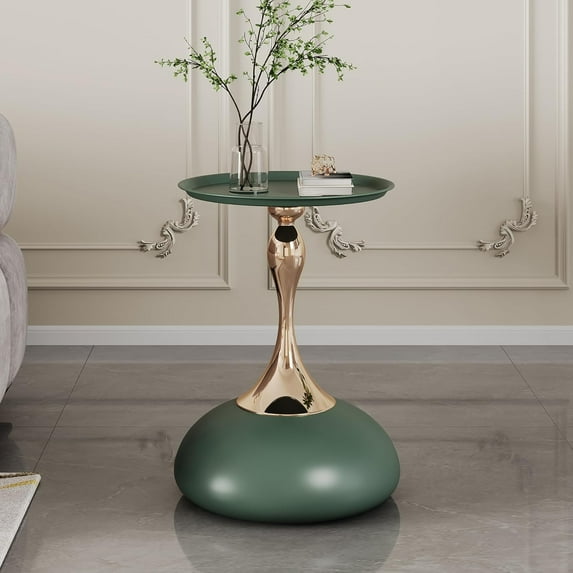 Round Side Table, Small Green End Table with Metal Pedestal, Modern Martini Table for Small Space Living Room, Bedroom, Easy Assembly 15" x 21.6" Drink Table
