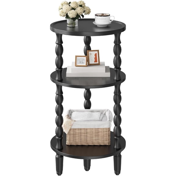 Round Side Table for Small Space, 3-Tier Small Round End Table with Rubberwood Leg, Accent Bedside Table, Circle Nightstand, Living Room, Bedroom, Sofa Couch, Black