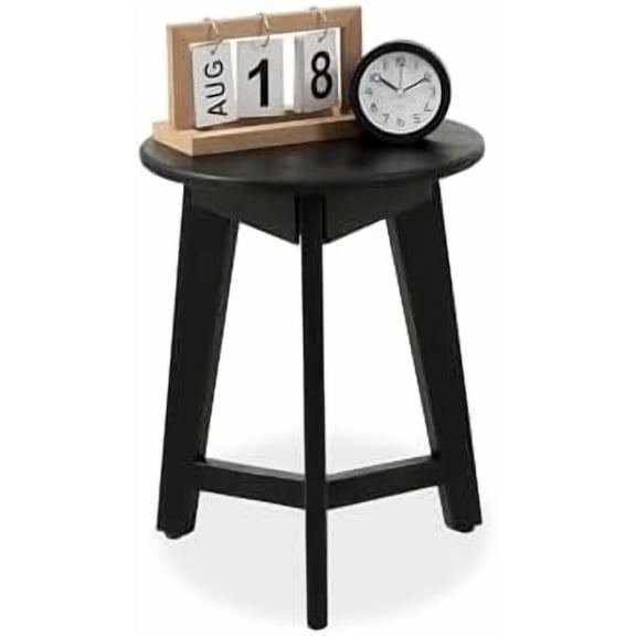 Round Side Table – Solid Acacia Wood End Table for Living Room or Bedroom – Black Wood Finish, Compact Nightstand or Accent Table for Sofas & Beds (13 x 16 x 13 Inches)