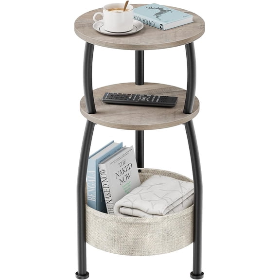 Round Side Table with Storage Basket –Small Space Saving End Table 3-Tier Coffee Table Bedside Corner Stand for Living Room, Bedroom, Garden and More 24in Tall Greige