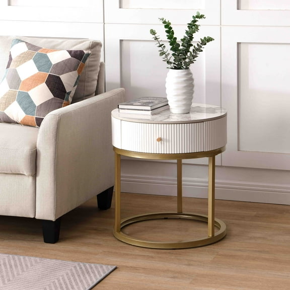 Round Side Table With Storage Drawer, 19.68" Modern End Table With Marbling Stone Tabletop And Metal Legs, Nightstand Accent Table For Living Room Office