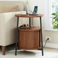 thumbnail image 1 of Round Side Table with Storage, Fluted Nightstand with Charging Station, Small Mid-Century Modern Bedside Tables, Walnut End Tables for Small Space Living Room Bedroom Sofa Couch, 1 of 9