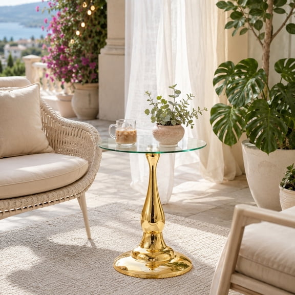 Round Side Table Tempered Glass Metal Gold Transparent 20 Inch for Living Room Bedroom
