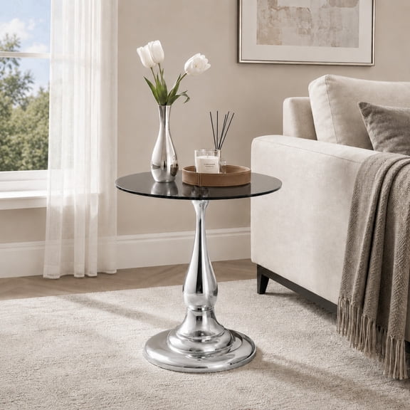 Round Side Table Tempered Glass Metal Silver Gray 20 Inch for Living Room Bedroom