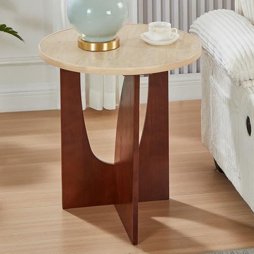 Round Side Table,Travertine Texture Side Table, 21.2 Stone End Table Modern Accent Nightstand with Solid Wood Leg for Living Room, Bedroom, Corners, and Office$$Furniture