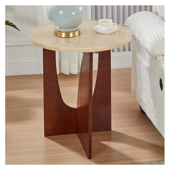 Round Side Table,Travertine Texture Side Table,  21.2 Stone End Table Modern Accent Nightstand with Solid Wood Leg for Living Room, Bedroom, Corners, and Office