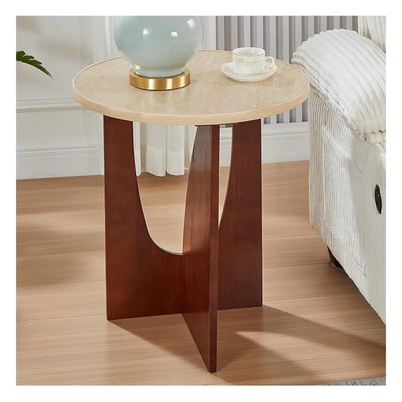 Round Side Table,Travertine Texture Side Table, 21.2 Stone End Table Modern Accent Nightstand with Solid Wood Leg for Living Room, Bedroom, Corners, and Office
