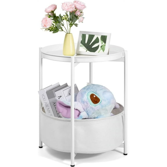 Round Side Table, White End Table with Storage Basket, Metal Night Stand with Removable Tray, Small Bedside Table for Living Room, Bedroom, Nursery (White)